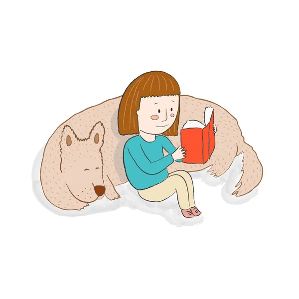 Lezen van een boek met haar slapende hond meisje — Stockvector