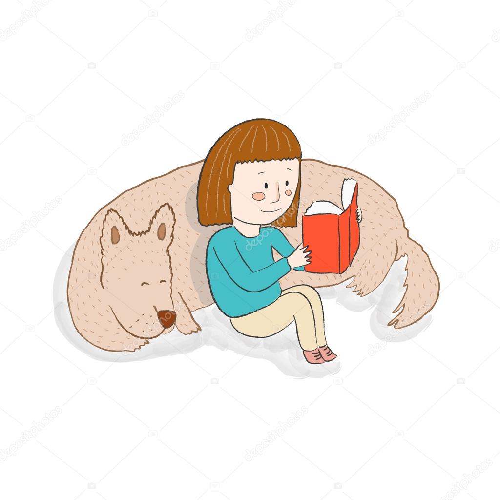 Girl reading a book with her sleeping dog