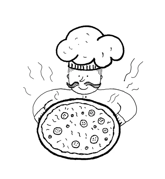 Kock med pizza, handgjorda bläck vektor illustration — Stock vektor