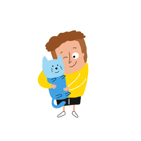 Rapaz abraçando um gato — Vetor de Stock