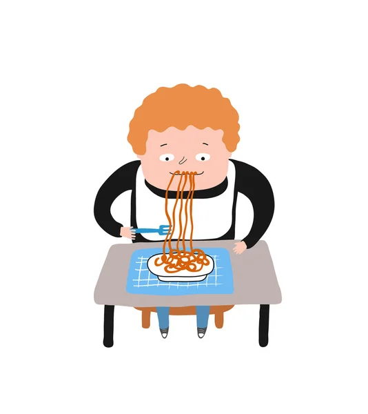 Fiú eszik spagetti — Stock Vector