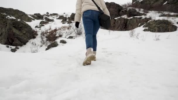 La vista desde abajo es una chica turística subiendo a la cima de una montaña nevada — Vídeos de Stock