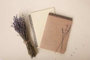 Lavanta dalları bej defterlerde güzel durur. Güzel yerleşim