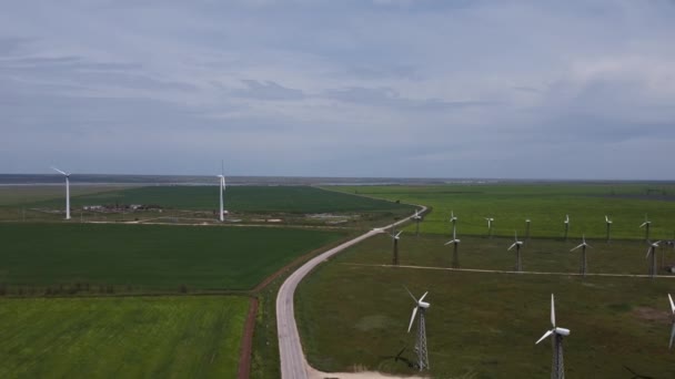 Mnóstwo farm wiatrowych stojących na zielonych polach pośród czystego nieba. — Wideo stockowe