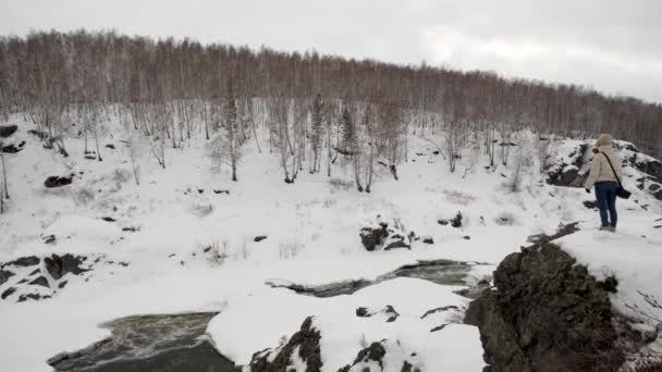 Uma menina turista fica no topo de uma colina nas montanhas na floresta de inverno — Vídeo de Stock