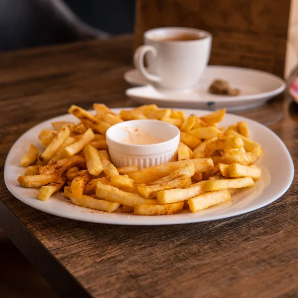 French Fries Plate Garlic Mayo Sauce Wooden Table — Stock Photo, Image