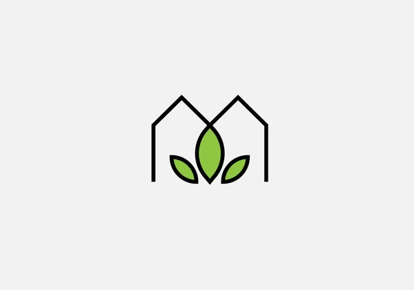 Ein Zeilenkunst Icon Logo Eines Hauses Hauses Mit Blatt Und — Stockvektor