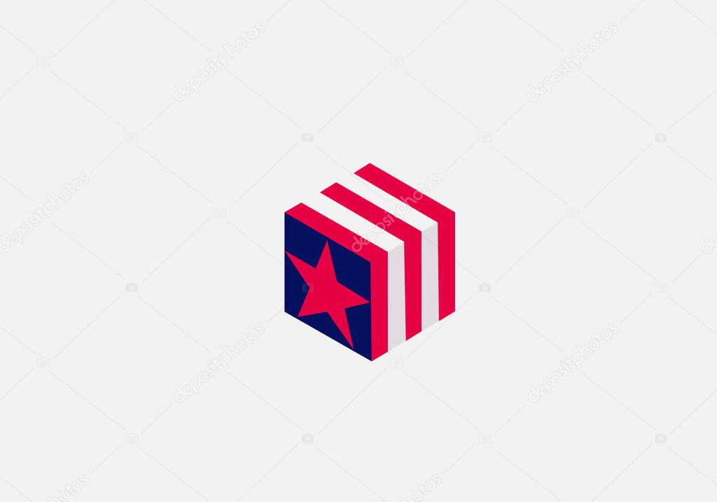 America flag on a box with star and red white lines side look vector logo template