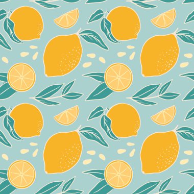 Sarı limonlu düz, pürüzsüz desen. Meyve vektör deseni. Kumaş, kıyafet, duvar kağıdı, ambalaj kağıdı için mükemmel.