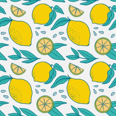 Sarı limonlu düz, pürüzsüz desen. Meyve vektör deseni. Kumaş, kıyafet, duvar kağıdı, ambalaj kağıdı için mükemmel.