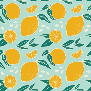 Sarı limonlu düz, pürüzsüz desen. Meyve vektör deseni. Kumaş, kıyafet, duvar kağıdı, ambalaj kağıdı için mükemmel.