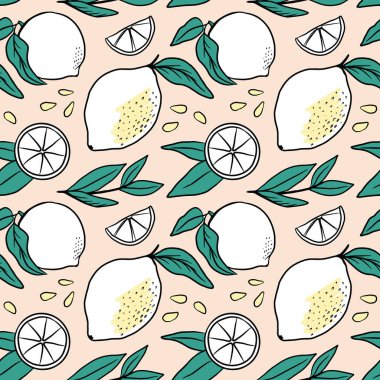 Sarı limonlu düz, pürüzsüz desen. Meyve vektör deseni. Kumaş, kıyafet, duvar kağıdı, ambalaj kağıdı için mükemmel.