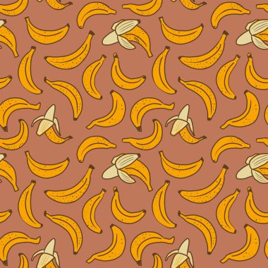 Düz, pürüzsüz, sarı muzlu. Kahverengi arka planda meyve vektör deseni. Kumaş, kıyafet, duvar kağıdı, ambalaj kağıdı için mükemmel.
