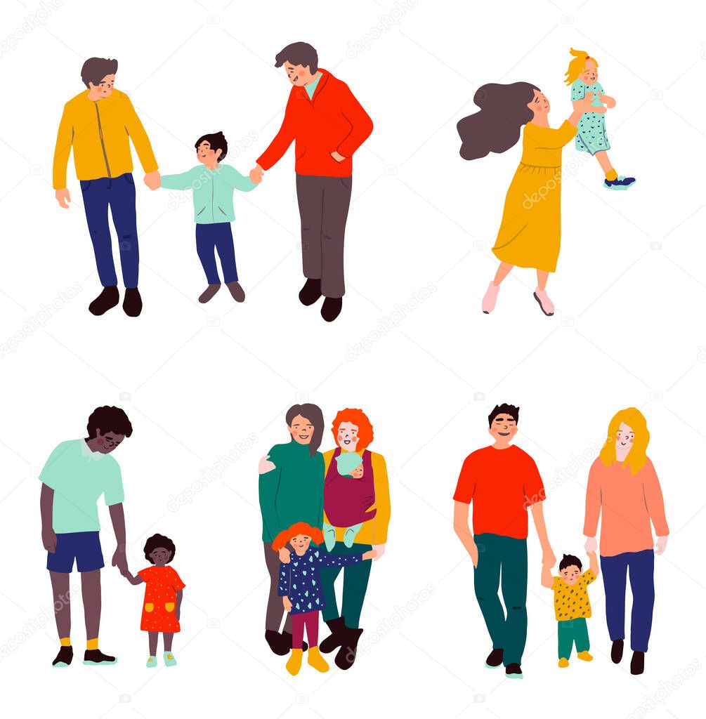 Collection of diffrent families. Gay, lesbian, one parent family with children. Two mothers or two fathers have babies, toddler or child. Adoption baby concept. Flat vector illustration