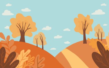 Düz Sonbahar manzarası. Orman, otlar ve yollarla dolu kırsal illüstrasyonlar