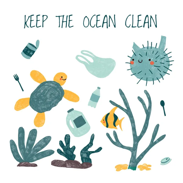 海底有珊瑚鱼 刺猬鱼和垃圾 如我们的塑料袋 餐具等 循环利用 零浪费 绿色生活方式的概念 手绘插图 — 图库照片