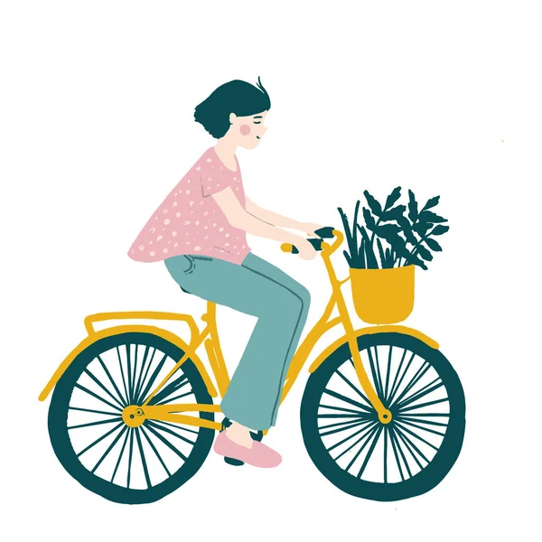 Menina Feliz Andar Bicicleta Com Cesta Vime Frontal Flores Ervas — Vetor de Stock