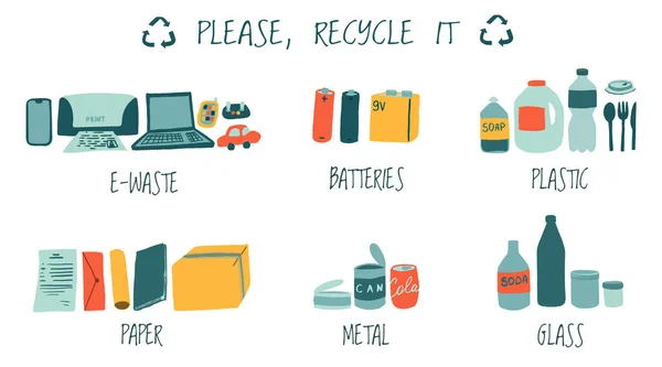 Atık bilgilerinin geri dönüşümü. Çöp farklı tiplere ayrılır: plastik, e atık, kağıt, metal, cam, pil. Harfli ve geri dönüşüm işaretli vektör, düz illüstrasyon.