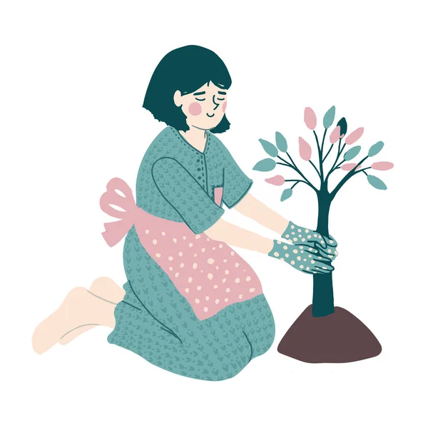 Lycklig Flicka Plantera Träd Ung Kvinna Som Arbetar Trädgården Grönt — Stock vektor