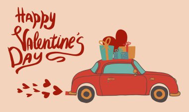 Cute red vintage car with heart and presents on top and lettering Happy Valentines day. Perfect for Valentine Card, birthday greeting card, sublimation printing, logo or other designs vector