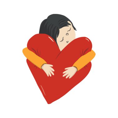 Tatlı Asyalı kız ya da oğlan yumuşak bir kalbe sarılıyor. Sevgililer Günü için çocukça bir illüstrasyon. Tebrik kartı, poster, web tasarımı, logo, tişört ya da kupada süblimleşme baskısı için araç