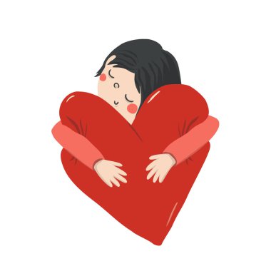 Tatlı bir kız ya da erkek yumuşak bir kalbe sarılıyor. Sevgililer Günü için çocukça bir illüstrasyon. Tebrik kartı, poster, web tasarımı, logo, çıkartma, tişört ya da kupada süblimleşme baskısı için araç