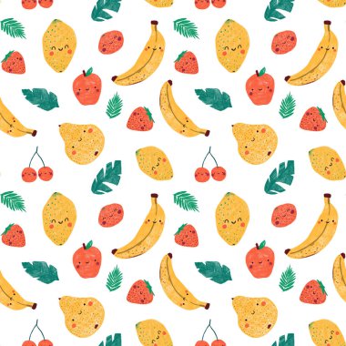 Eğlenceli yiyeceklerle kusursuz bir düzen. Beyaz arka planda sağlıklı, yeşil yiyecekler olan çocuk deseni. Gülen meyveler çizgi filmi. El Çizimi illüstrasyonu