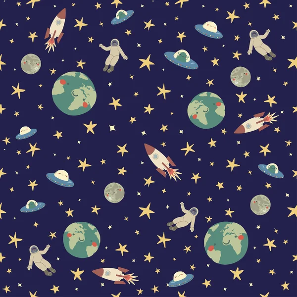 Seamless pattern of the planets of the Solar System in flat style. Pattern with planets and stars. Vector blue background, perfect for fabric, textile, wallpaper, wrap paper