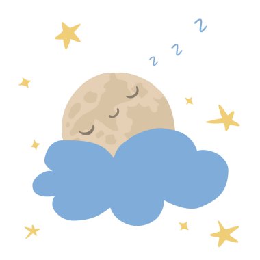 Çizgi film, bulutlu ve harfli Ay 'ı çocuksu gösteriyor. Gömlek, kupa, bulaşık havlusu tasarımı için vektör çizimi. Süblimleşme yazdırma için mükemmel