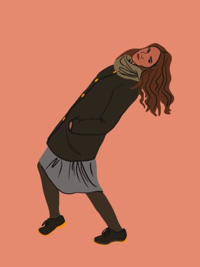 Manken kılığında uzun saçlı genç bir kadın. Sonbahar ceketi ve sıcak eşarp giyen genç bir kız. Düz bir şekilde vektör illüstrasyonu. Pankart, reklam, web tasarımı, paket tasarımı, kart, poster için iyi