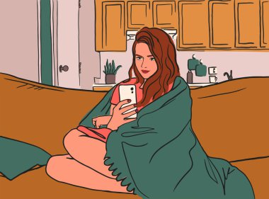 Sıcak bir battaniyenin altında rahat koltukta oturan genç bir kadın akıllı telefonunu kontrol ediyor ve gülümsüyor. Çekici kız telefonu tutuyor. Sosyal medya bağımlılığı kavramı. Düz biçimli elle çizilmiş vektör illüstrasyonu.