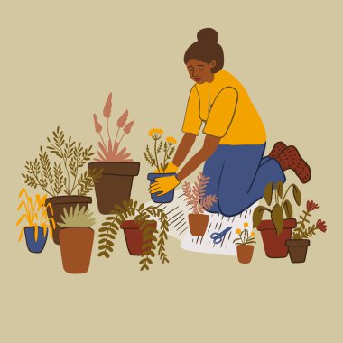 El çizimi tatlı kız saksılara çiçek eker. Şirin bir kadın bitki nakli yapıyor, bahçe işleriyle uğraşıyor, bahar hazırlıkları yapıyor. Ev hobisi, rahatlama konsepti. Vektör illüstrasyonu