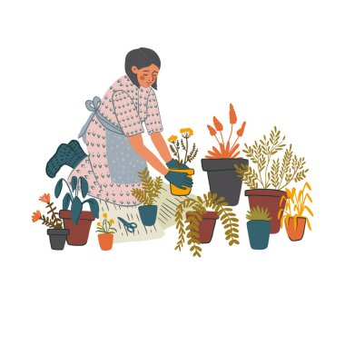 El çizimi tatlı kız saksılara çiçek eker. Şirin bir kadın bitki nakli yapıyor, bahçe işleriyle uğraşıyor, bahar hazırlıkları yapıyor. Ev hobisi, rahatlama konsepti. Vektör illüstrasyonu
