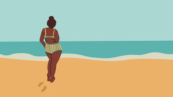 Happy Size African Girl Beach She Looks Sea Body Positive — Stock Vector