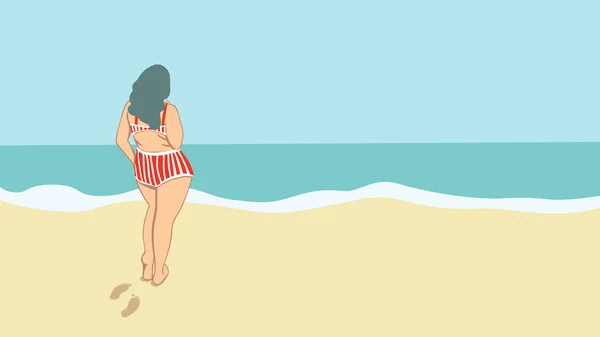 Glückliches Size Mädchen Strand Sie Blickt Auf Das Meer Körperliches — Stockvektor