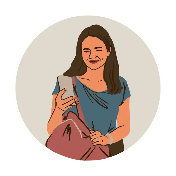 Młoda Kobieta Sprawdza Swój Smartfon Uśmiecha Się Słodka Nastolatka Plecakiem — Wektor stockowy