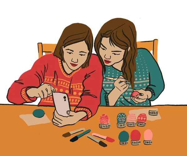 Rodzina Maluje Wielkanocne Jaja Dwie Azjatyckie Dziewczyny Rysują Ornament Jajku — Wektor stockowy