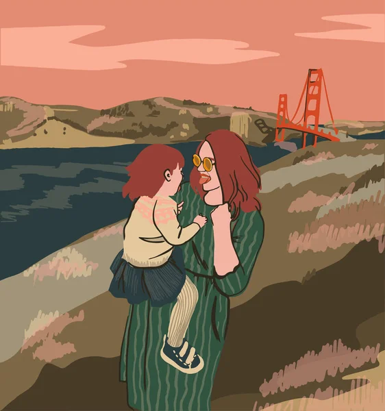자연의 배경에 어머니 패밀리 여행은 샌프란시스코 게이트 포스터 디자인에 적합하다 — 스톡 벡터
