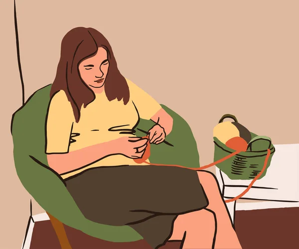 Glad Gravid Kvinna Stickar Stolen Hobbykurser Eller Workshops För Att — Stock vektor