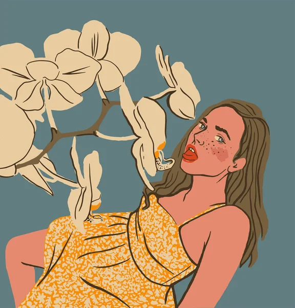 Atractiva Joven Mujer Con Vestido Corto Con Orquídea Retrato Hermosa — Vector de stock