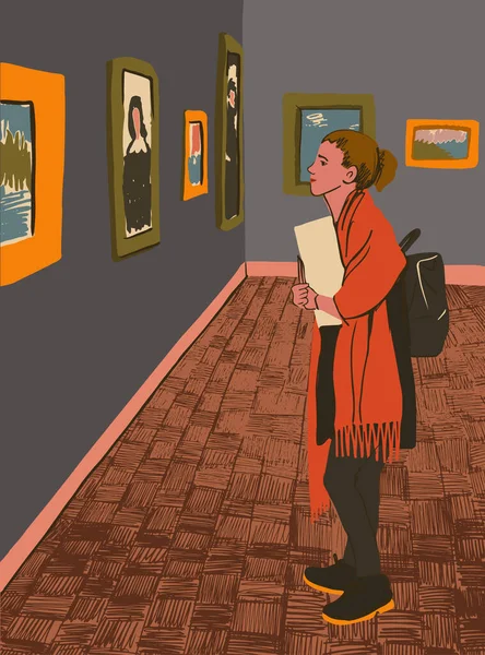 Çağdaş sanatlar müzesinde genç bir kadın. Sergi ziyaretçisi modern soyut resimlere bakıyor. Sanat galerisinde yaratıcı sanat eserleri sergileyen çekici kız. Düz biçimli vektör illüstrasyonu