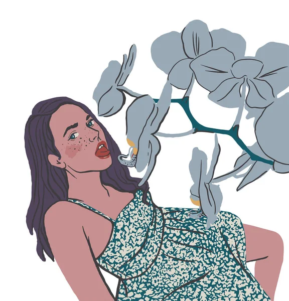 Atractiva Joven Mujer Con Vestido Corto Con Orquídea Retrato Hermosa — Vector de stock