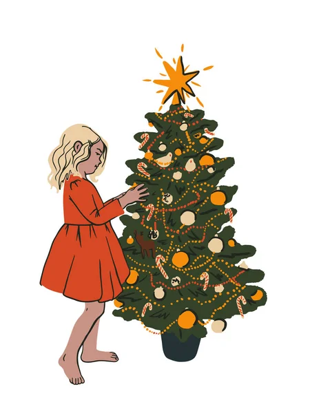 Noel ağacını süslerle süsleyen sevimli bir çocuk. Prenses elbiseli genç kız. Noel ya da yeni yıl kutlaması konsepti. Tatil tebrik kartı. Düz vektör illüstrasyonu, kart, poster, web için