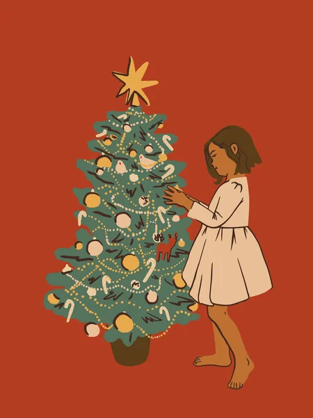 Noel ağacını süslerle süsleyen sevimli bir çocuk. Prenses elbiseli genç kız. Noel ya da yeni yıl kutlaması konsepti. Tatil tebrik kartı. Düz vektör illüstrasyonu, kart, poster, web için