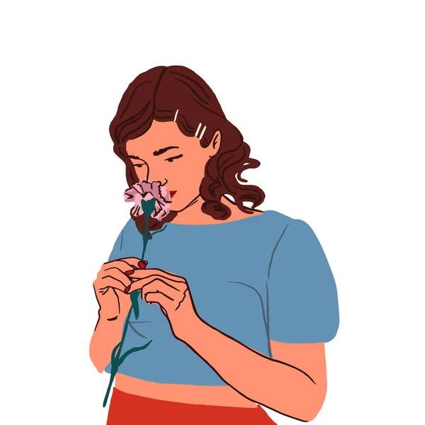 Νεαρή Γυναίκα Μυρίζει Λουλούδι Χαριτωμένο Κορίτσι Φοράει Vintage Δαντέλα Κορυφή — Διανυσματικό Αρχείο