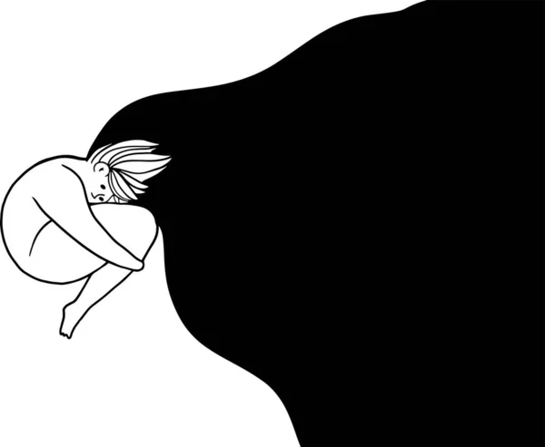 Θλιμμένη Γυναίκα Ιπτάμενα Μαλλιά Αγκαλιάζει Τον Εαυτό Της Νεαρή Λυπημένη — Διανυσματικό Αρχείο