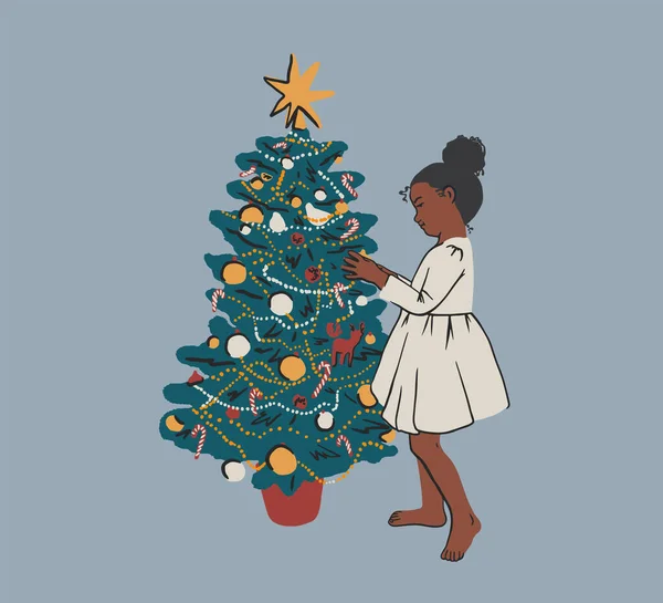Χαριτωμένο Παιδί Διακόσμηση Χριστουγεννιάτικο Δέντρο Στολίδια Μαύρη Αφρικανή Φόρεμα Πριγκίπισσας — Διανυσματικό Αρχείο