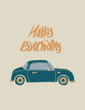 Doğum günün kutlu olsun ve araba yarışması. Kartpostal boyutunda. Kartlar için vektör illüstrasyonu, web sitesi, poster, invintasyon, hediye, süblimleşme yazdırma