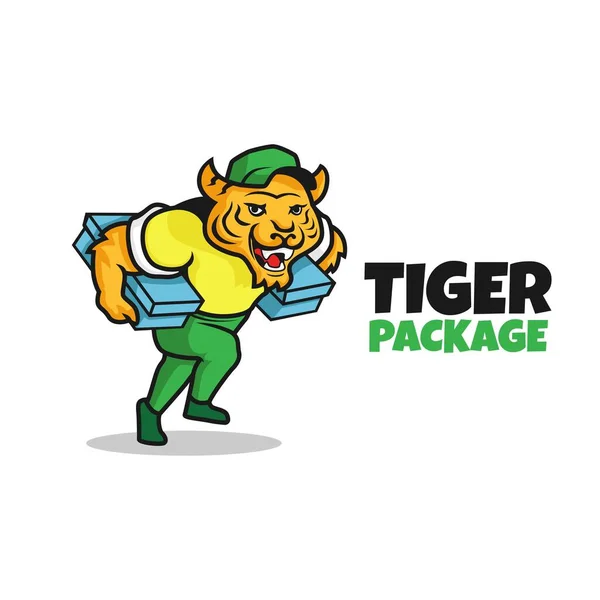 Tigre Correndo Segurando Caixa Ambas Mãos Entrega Mascote Logotipo Ilustração — Vetor de Stock