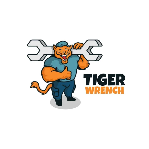 Tigre Con Llave Inglesa Hombro Logo Mascota Carácter Ilustración Vectorial — Vector de stock